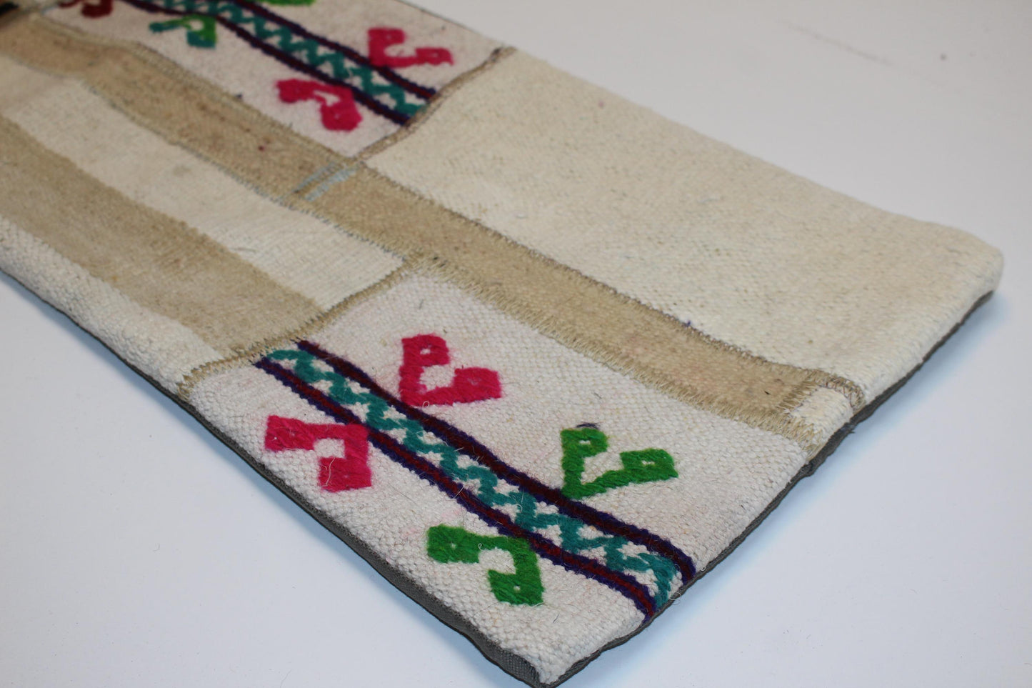 Vintage Turkish Kilim Patchwork Lumbar Pillow, Cream and Beige Tribal Accent Cushion (12x36 in)