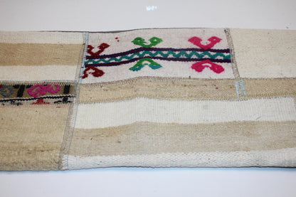 Vintage Turkish Kilim Patchwork Lumbar Pillow, Cream and Beige Tribal Accent Cushion (12x36 in)