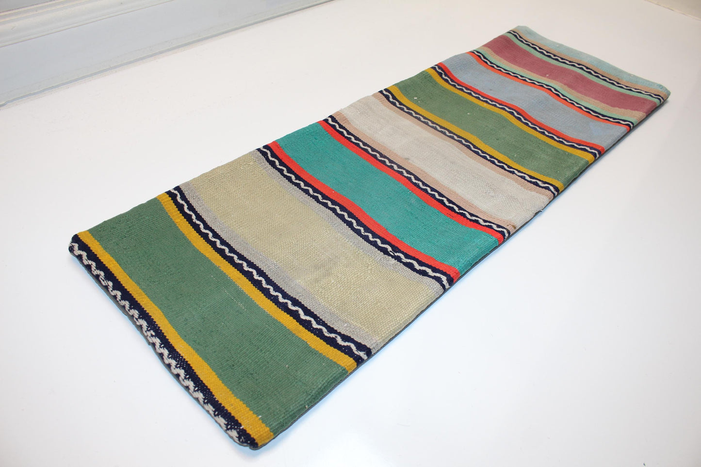 Vintage Turkish Kilim Lumbar Pillow Cover, Striped Boho Cushion (12x36 in)