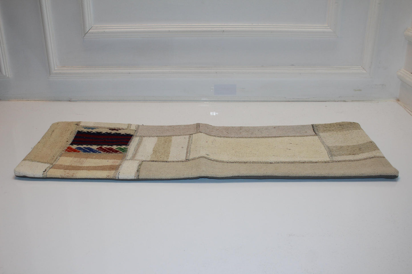 Vintage Turkish Rug Lumbar Pillow Cover, Cream Kilim Patchwork, Boho Bench Cushion (12x36 inch)