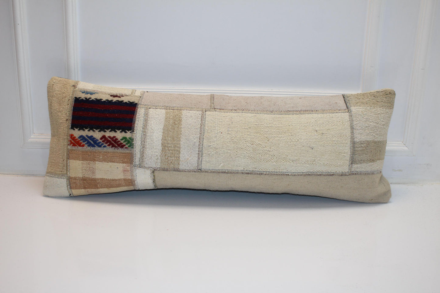 Vintage Turkish Rug Lumbar Pillow Cover, Cream Kilim Patchwork, Boho Bench Cushion (12x36 inch)