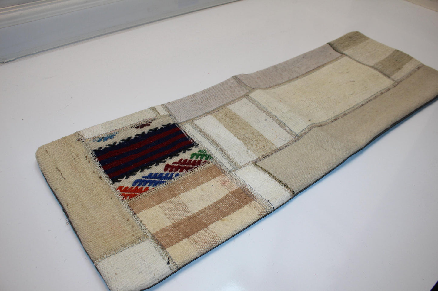 Vintage Turkish Rug Lumbar Pillow Cover, Cream Kilim Patchwork, Boho Bench Cushion (12x36 inch)