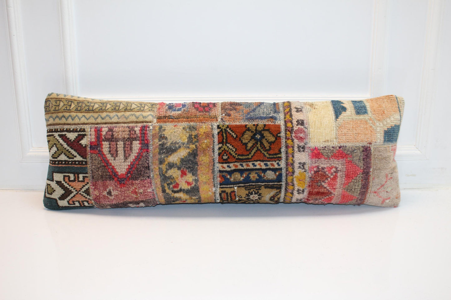 Vintage Kilim Lumbar Pillow Cover, Turkish Rug Patchwork, 12x36 inch