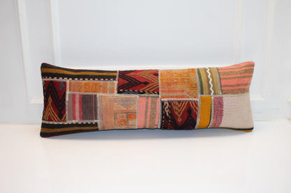 Vintage Turkish Kilim Lumbar Pillow Cover, Boho Patchwork Rug Cushion (12x36 inch)