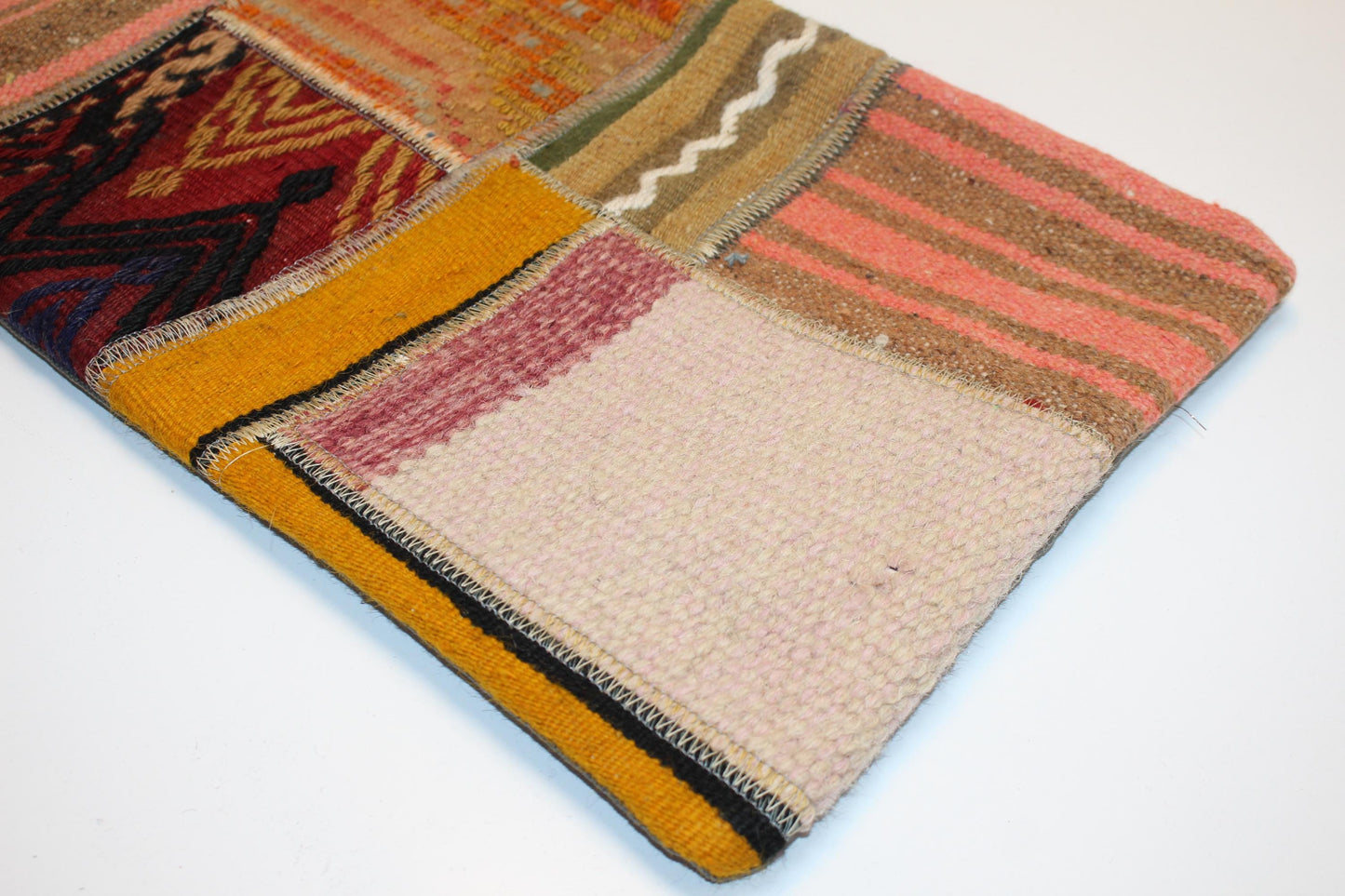 Vintage Turkish Kilim Lumbar Pillow Cover, Boho Patchwork Rug Cushion (12x36 inch)