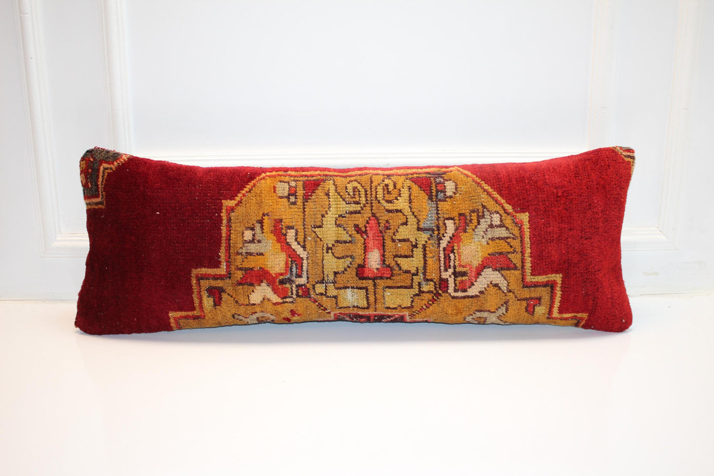 Vintage Turkish Kilim Lumbar Pillow Cover, Red Mustard Woven Rug, 12x36