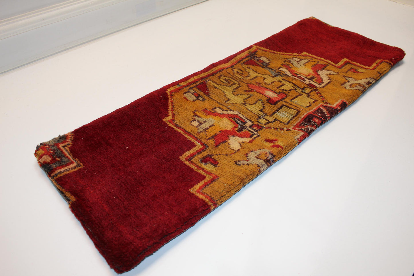 Vintage Turkish Kilim Lumbar Pillow Cover, Red Mustard Woven Rug, 12x36
