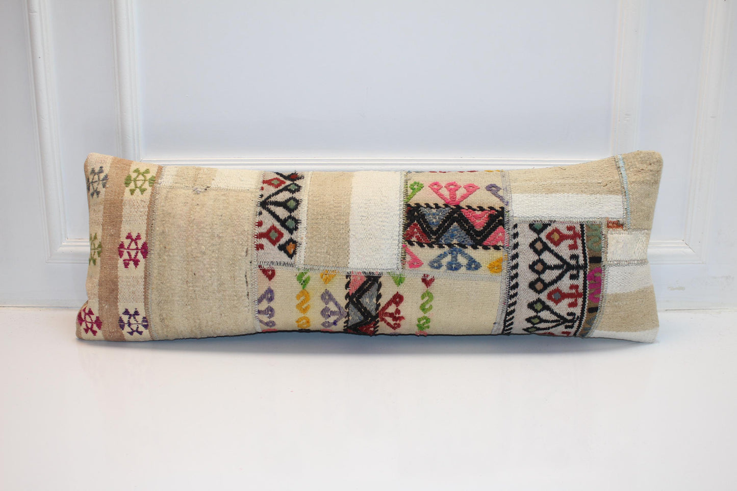 Vintage Turkish Lumbar Pillow Cover, Cream Kilim Patchwork, 12x36 inch