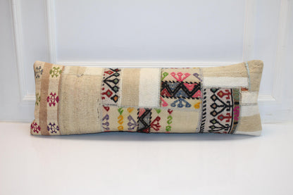 Vintage Turkish Lumbar Pillow Cover, Cream Kilim Patchwork, 12x36 inch
