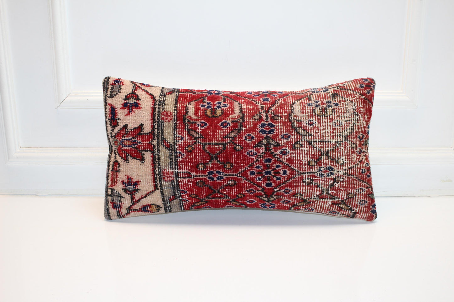 Vintage Turkish Rug Pillow, Red Floral Kilim Lumbar Cushion (12x24 inch)