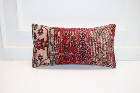 Vintage Turkish Rug Pillow, Red Floral Kilim Lumbar Cushion (12x24 inch)