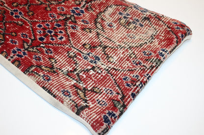 Vintage Turkish Rug Pillow, Red Floral Kilim Lumbar Cushion (12x24 inch)