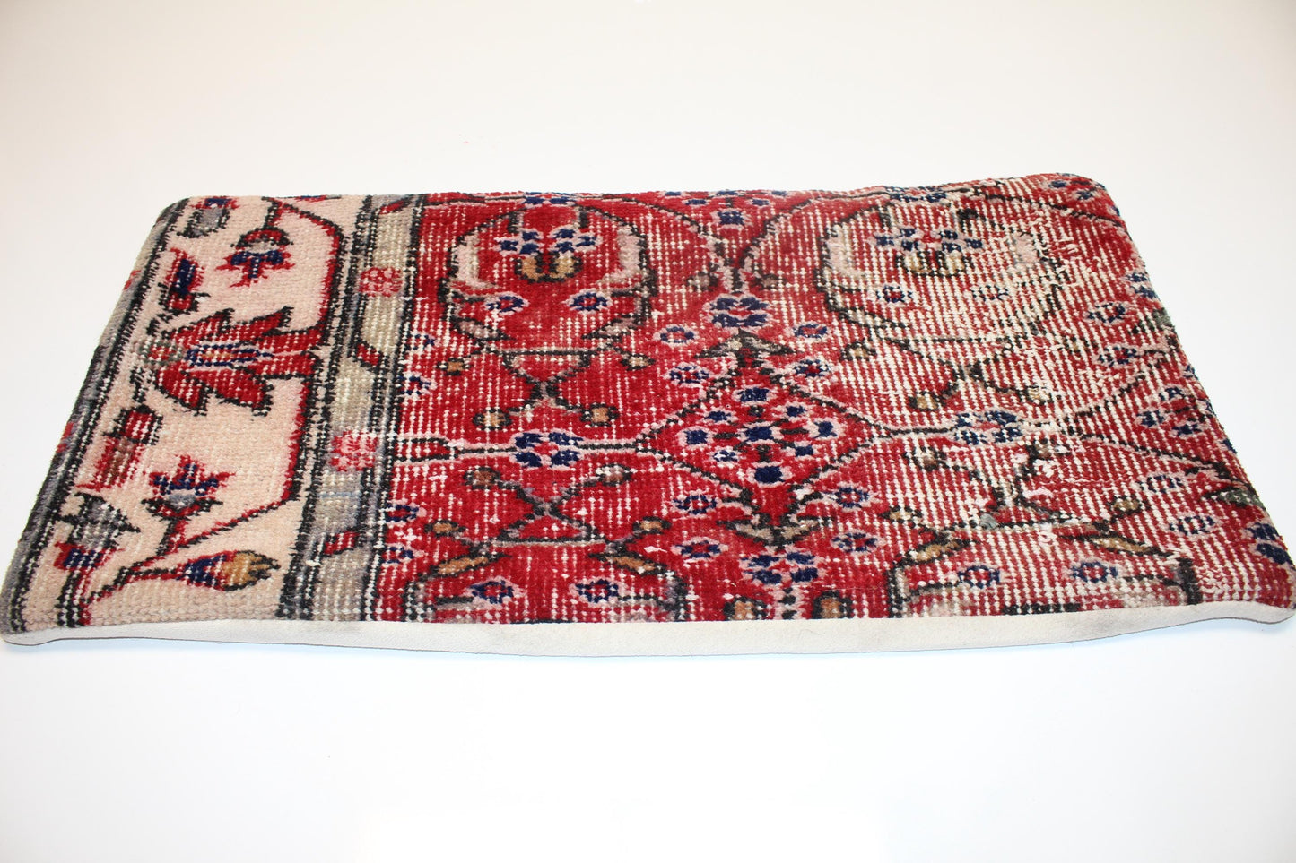 Vintage Turkish Rug Pillow, Red Floral Kilim Lumbar Cushion (12x24 inch)