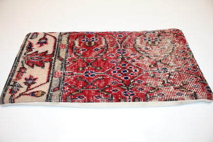 Vintage Turkish Rug Pillow, Red Floral Kilim Lumbar Cushion (12x24 inch)