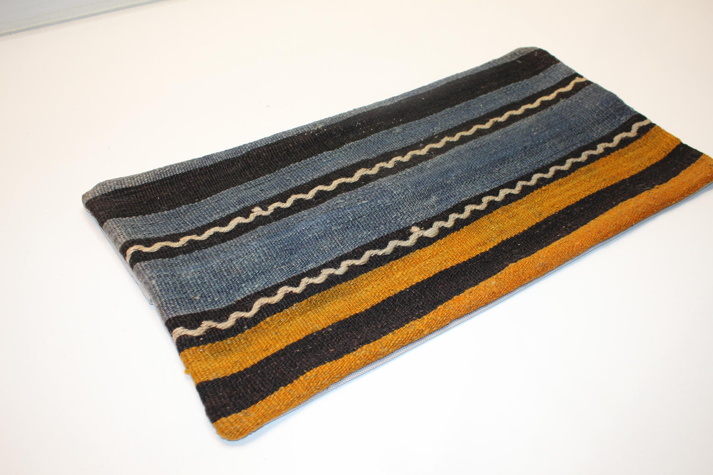 Blue Mustard Kilim Pillow Cover, Striped Woven Lumbar Cushion (12x24 inch)
