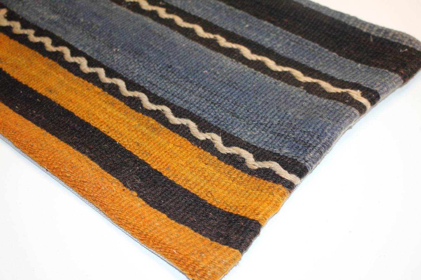Blue Mustard Kilim Pillow Cover, Striped Woven Lumbar Cushion (12x24 inch)