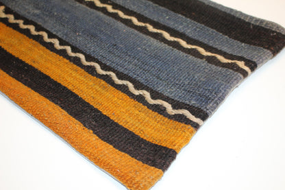 Blue Mustard Kilim Pillow Cover, Striped Woven Lumbar Cushion (12x24 inch)