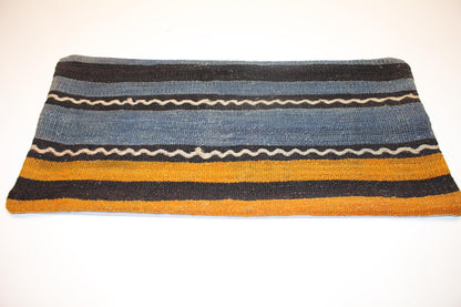 Blue Mustard Kilim Pillow Cover, Striped Woven Lumbar Cushion (12x24 inch)