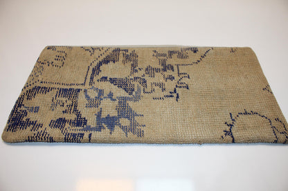 Vintage Turkish Kilim Pillow Cover, Beige Navy Floral Cushion (12x24 inch)