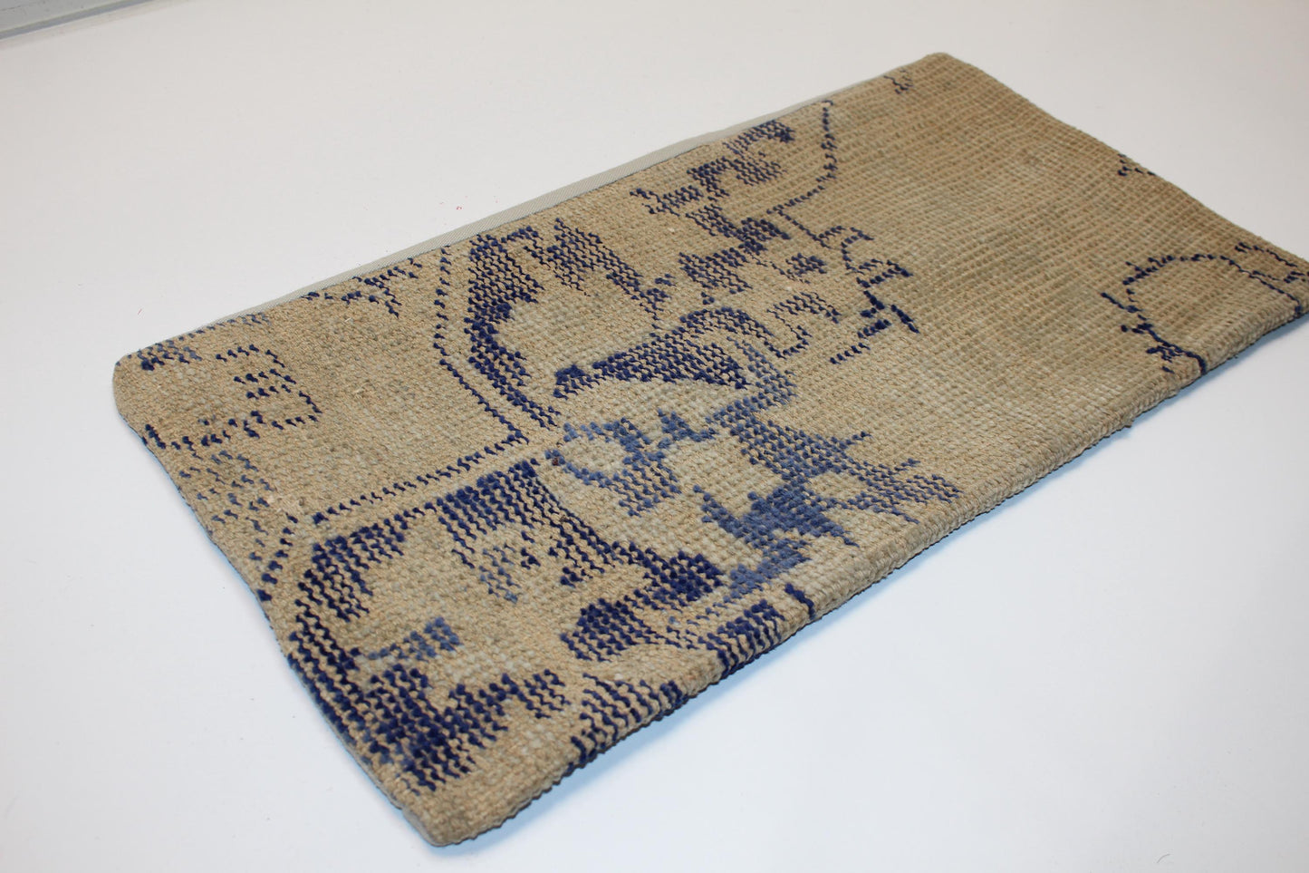 Vintage Turkish Kilim Pillow Cover, Beige Navy Floral Cushion (12x24 inch)