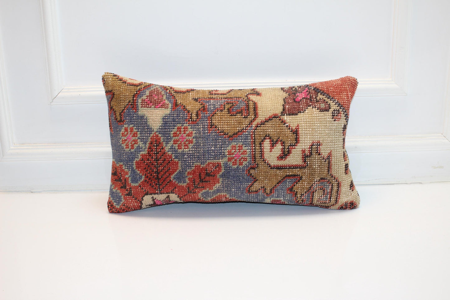 Vintage Turkish Kilim Pillow Cover, Floral Lumbar Cushion 12x24
