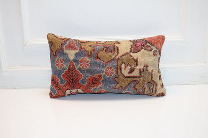 Vintage Turkish Kilim Pillow Cover, Floral Lumbar Cushion 12x24