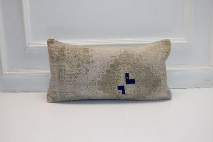 Handmade Turkish Kilim Pillow Cover, Beige Sage Woven Rug Cushion (12x24 inch)