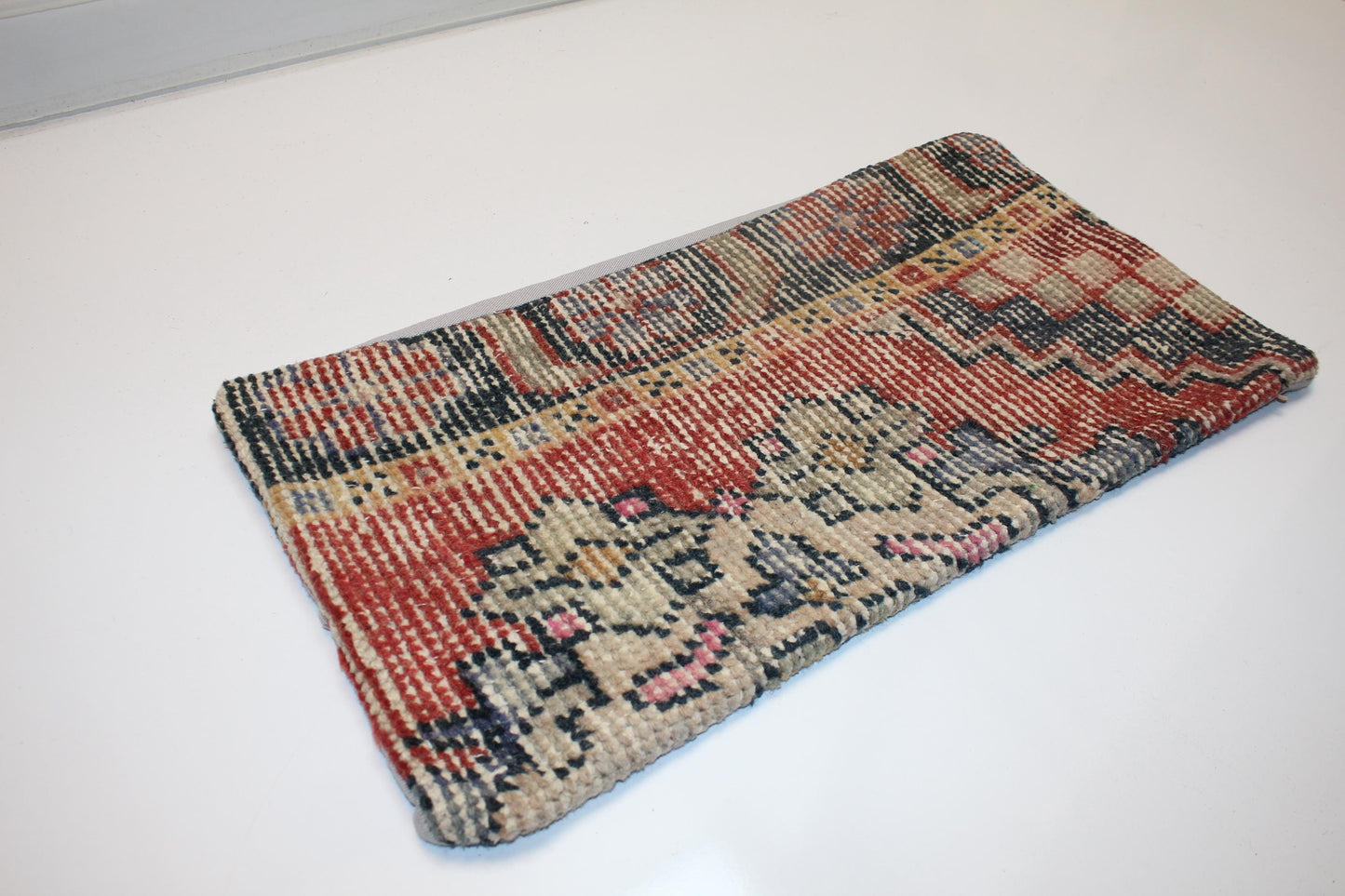 Vintage Turkish Kilim Pillow Cover, Red Navy Tribal Woven Wool, 12x24 inch