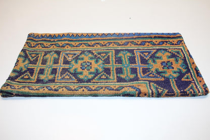 Vintage Turkish Kilim Pillow Cover, Navy Orange Geometric Woven Cushion (12x24 inch)