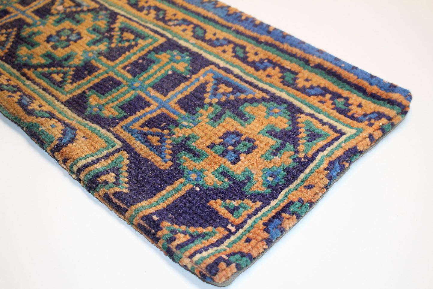 Vintage Turkish Kilim Pillow Cover, Navy Orange Geometric Woven Cushion (12x24 inch)
