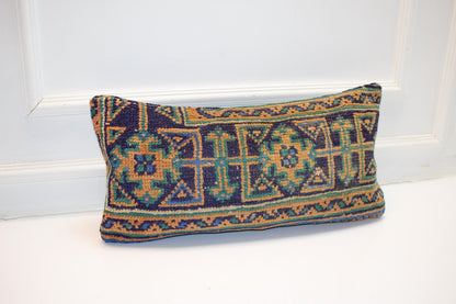 Vintage Turkish Kilim Pillow Cover, Navy Orange Geometric Woven Cushion (12x24 inch)