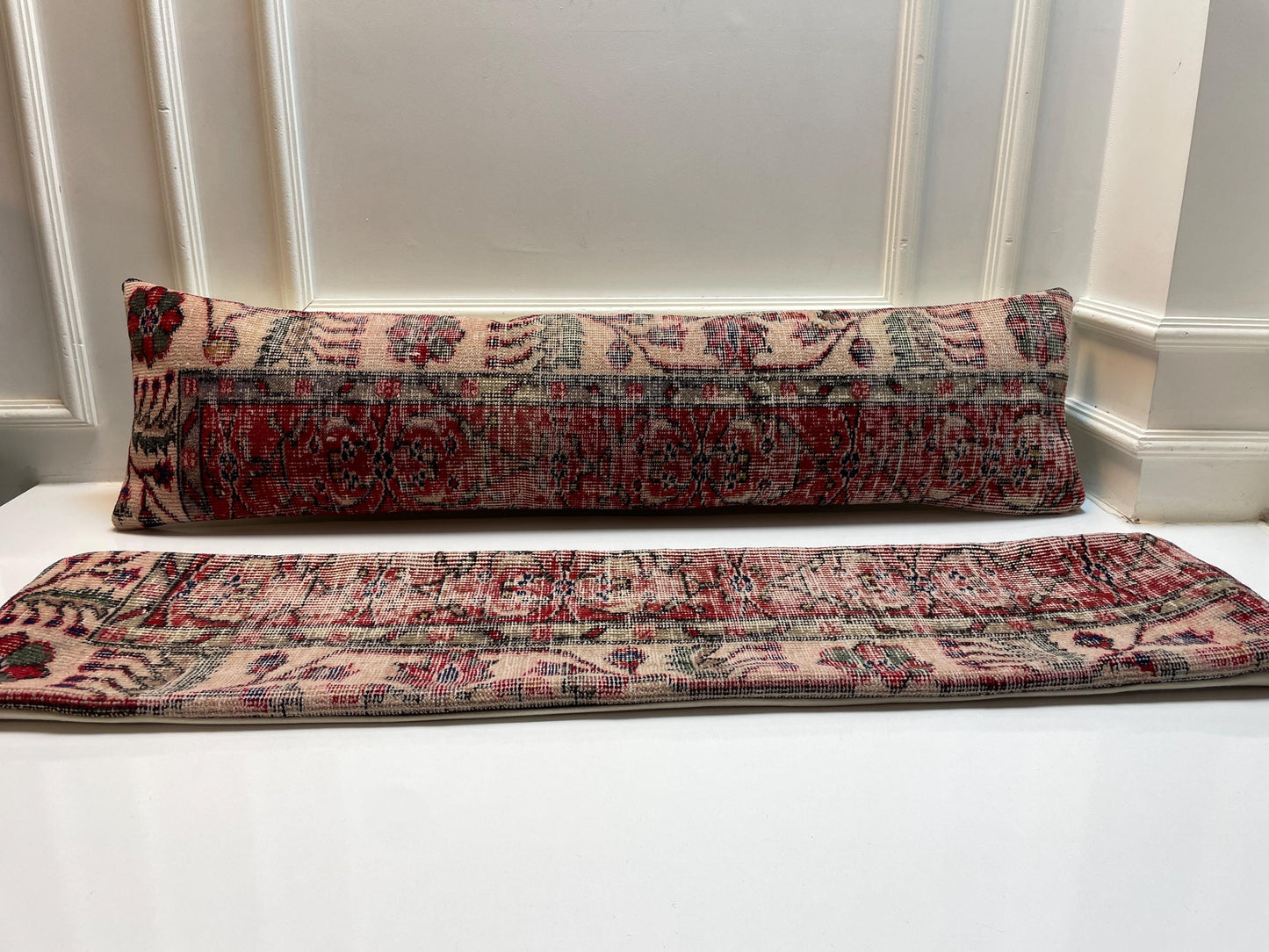 Vintage Turkish Rug  – Red Beige Floral Kilim Cushion, 12x48
