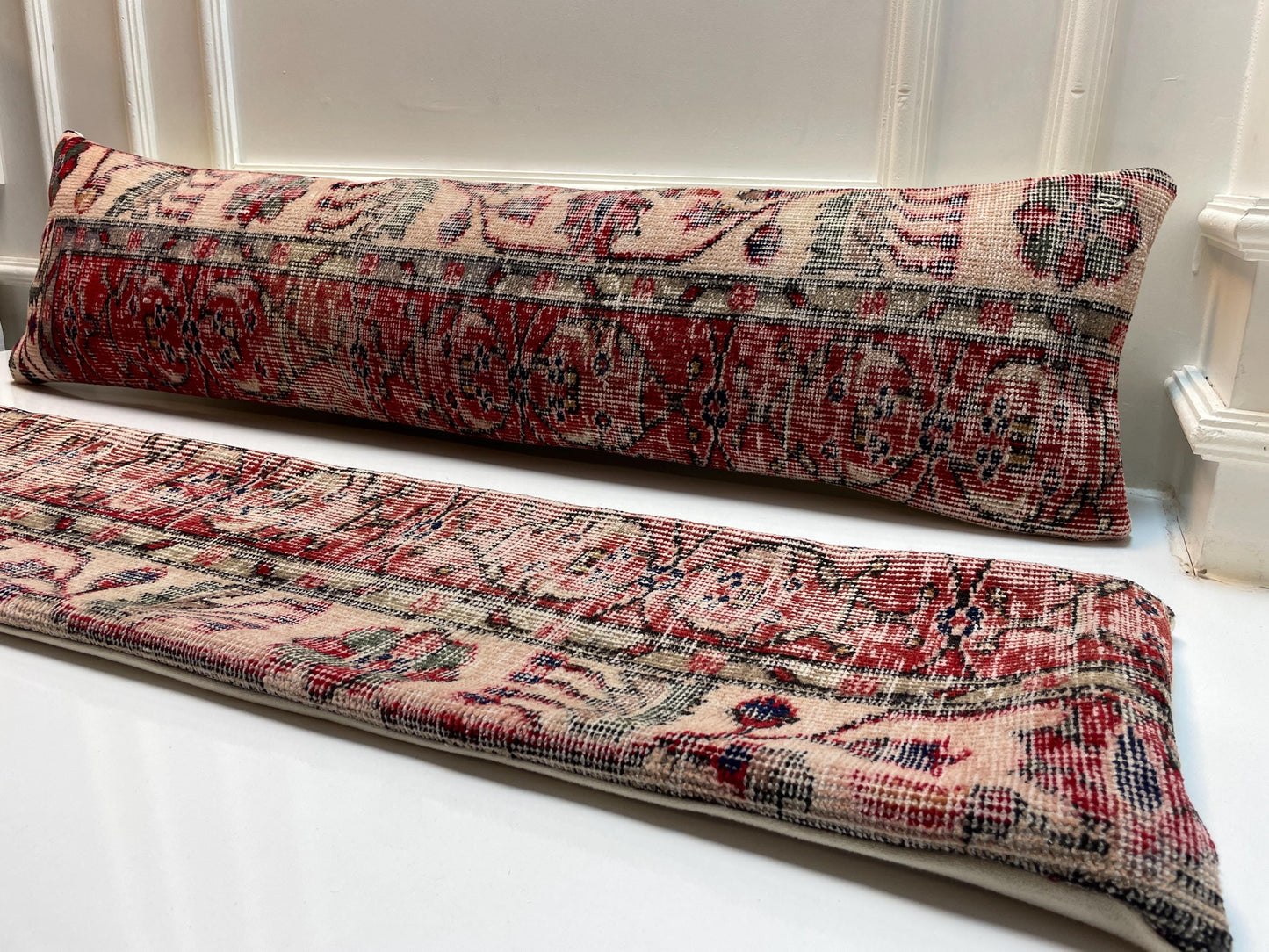 Vintage Turkish Rug  – Red Beige Floral Kilim Cushion, 12x48