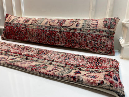 Vintage Turkish Rug  – Red Beige Floral Kilim Cushion, 12x48