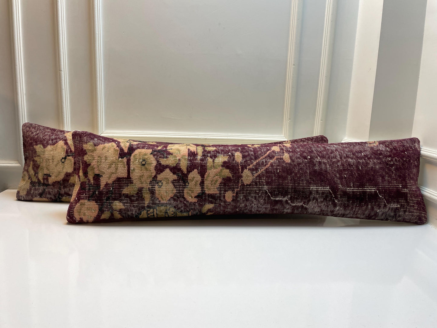 Set of 2 -Vintage Floral Turkish Rug Lumbar Pillow Cover – 12x48 Boho Kilim Cushion