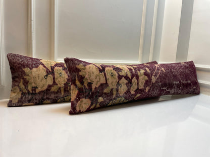 Set of 2 -Vintage Floral Turkish Rug Lumbar Pillow Cover – 12x48 Boho Kilim Cushion