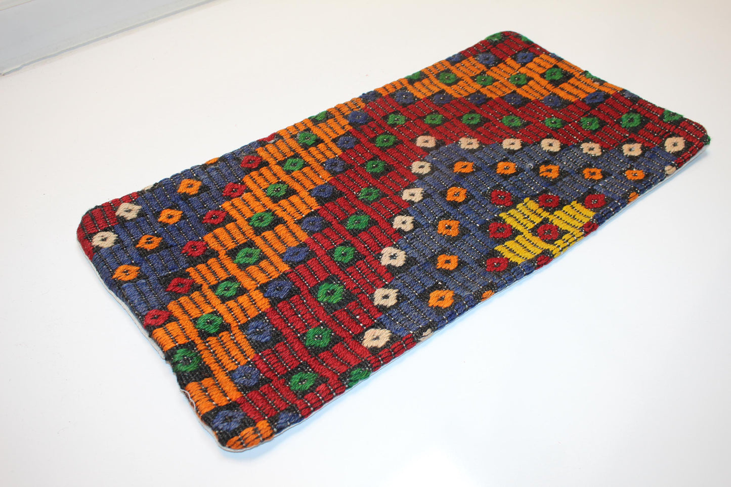 Vintage Turkish Kilim Lumbar Pillow Cover, Geometric Woven Wool, 12x24 inch