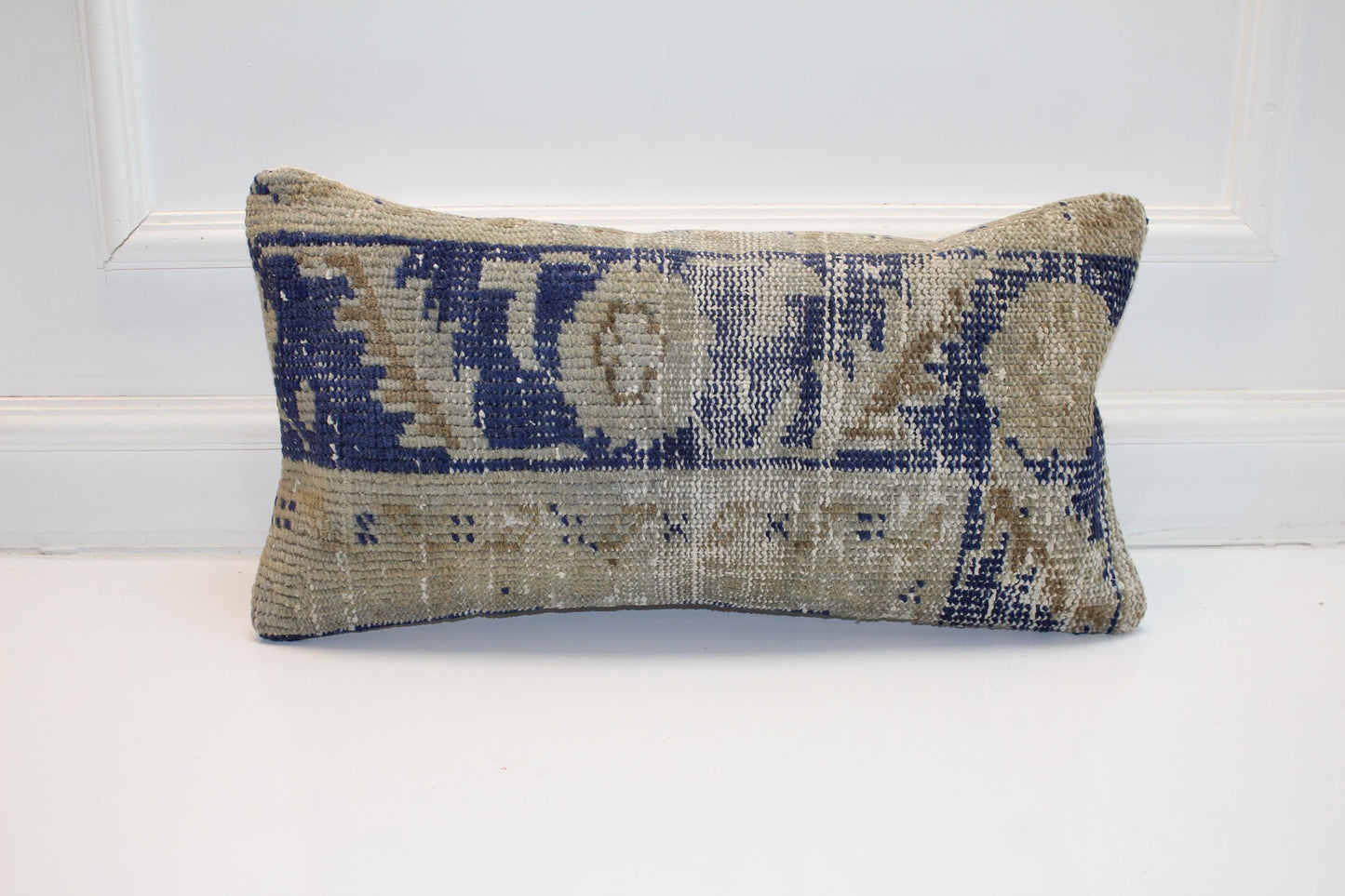 Handmade Turkish Kilim Lumbar Pillow, Beige Blue Woven Rug Cushion 12x24