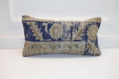Handmade Turkish Kilim Lumbar Pillow, Beige Blue Woven Rug Cushion 12x24