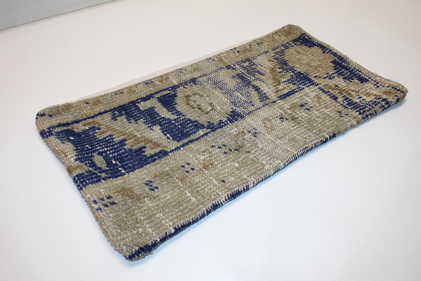 Handmade Turkish Kilim Lumbar Pillow, Beige Blue Woven Rug Cushion 12x24