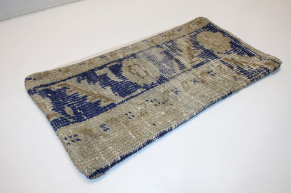 Handmade Turkish Kilim Lumbar Pillow, Beige Blue Woven Rug Cushion 12x24
