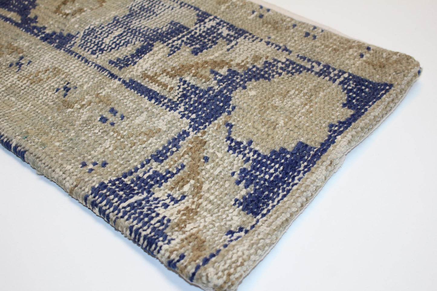Handmade Turkish Kilim Lumbar Pillow, Beige Blue Woven Rug Cushion 12x24