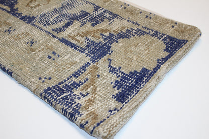 Handmade Turkish Kilim Lumbar Pillow, Beige Blue Woven Rug Cushion 12x24