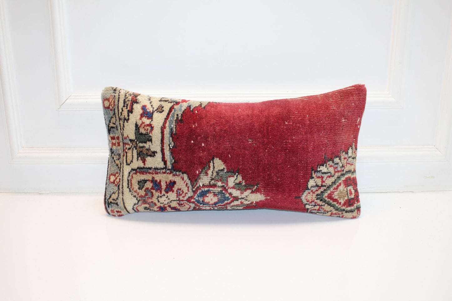 Vintage Turkish Kilim Lumbar Pillow, Burgundy Floral Cushion, 12x24