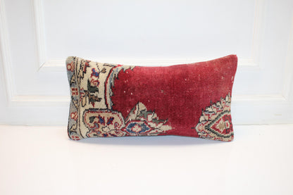 Vintage Turkish Kilim Lumbar Pillow, Burgundy Floral Cushion, 12x24