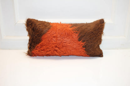 Vintage Turkish Kilim Lumbar Pillow, Furry Boho Bench Cushion (12x24 inch)