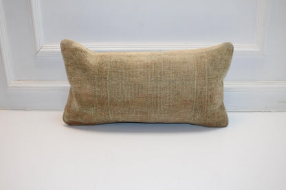 Vintage Turkish Kilim Pillow, Neutral Woven Lumbar Cushion (12x24 inch)
