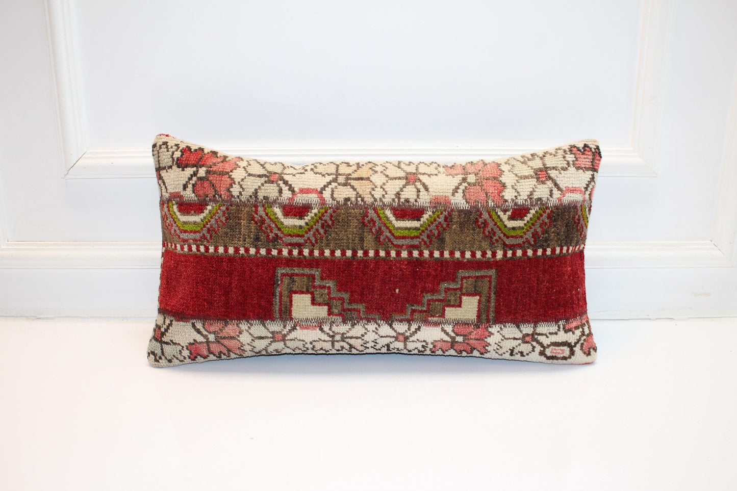 Red Turkish Kilim Lumbar Pillow Cover, Boho Home Decor (12x24)