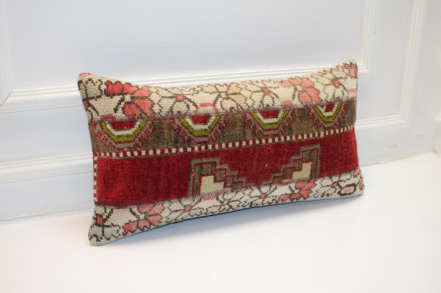 Red Turkish Kilim Lumbar Pillow Cover, Boho Home Decor (12x24)