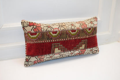 Red Turkish Kilim Lumbar Pillow Cover, Boho Home Decor (12x24)